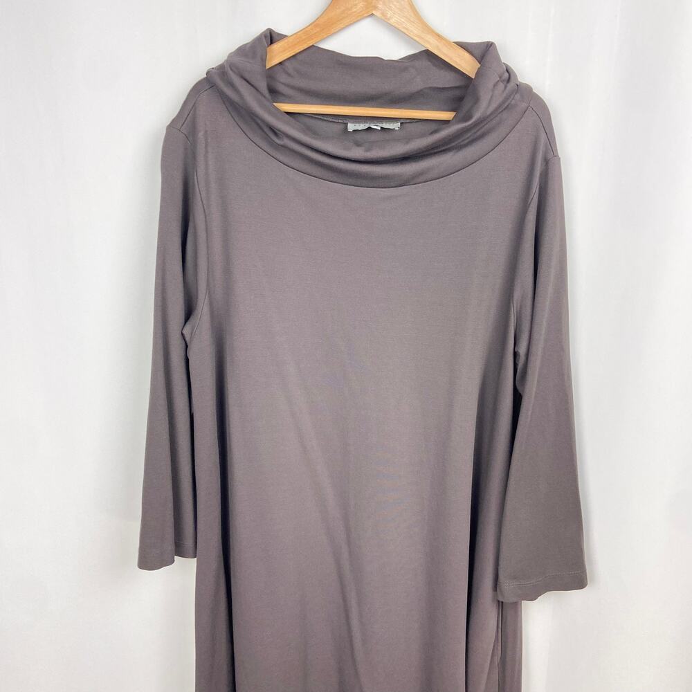 Elegant Taupe Long-Sleeve Midi Dress with Cowl Neck - Picture 11 of 12
